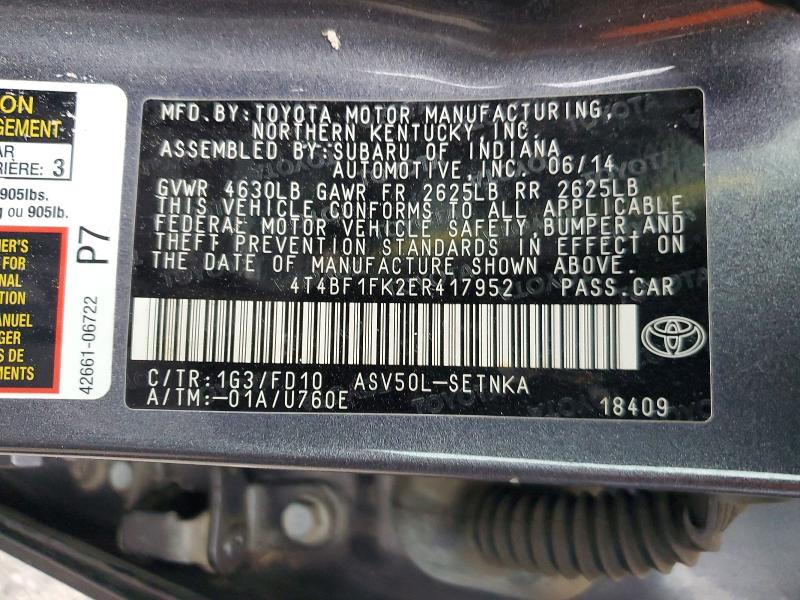 79122705 :رقم المزاد ، 4T4BF1FK2ER417952 vin ، 2014 Toyota Camry مزاد بيع