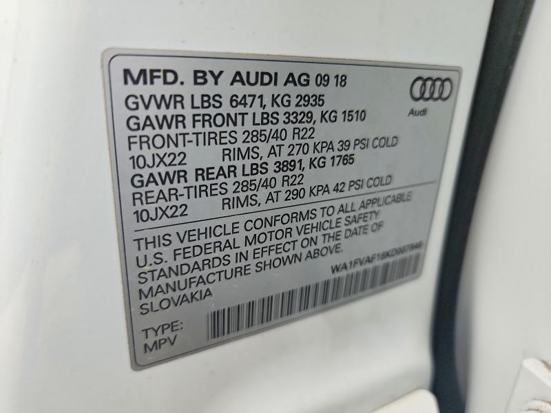 45884016 :رقم المزاد ، WA1FVAF18KD007849 vin ، 2019 Audi Q8 مزاد بيع
