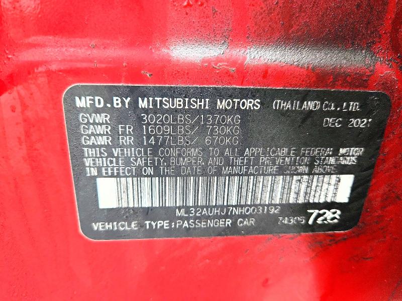 Aukcja sprzedaży 2022 Mitsubishi Mirage, vin: ML32AUHJ7NH003192, numer aukcji: 41705576
