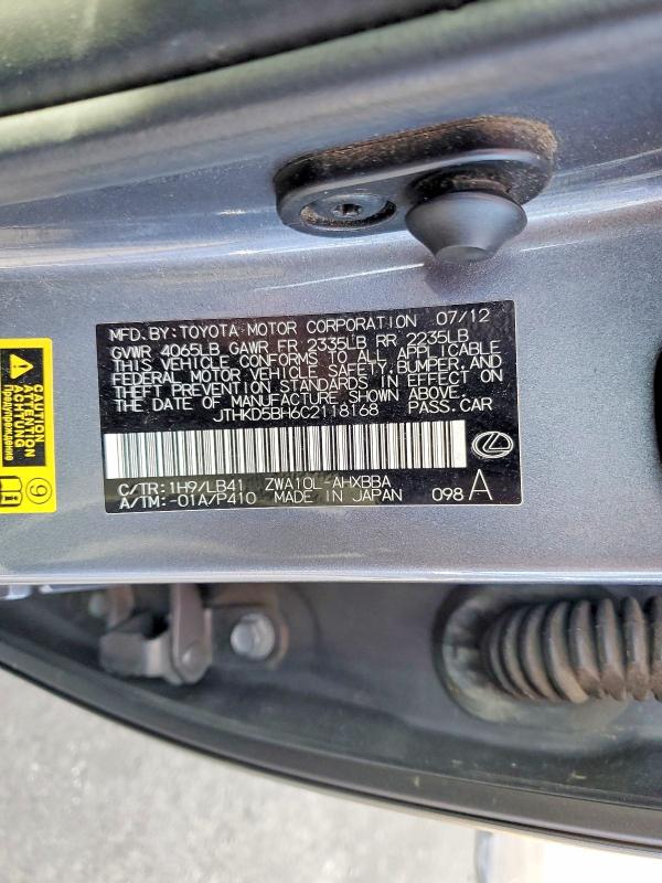 Aukcja sprzedaży 2012 Lexus Ct 200h, vin: JTHKD5BH6C2118168, numer aukcji: 79650285