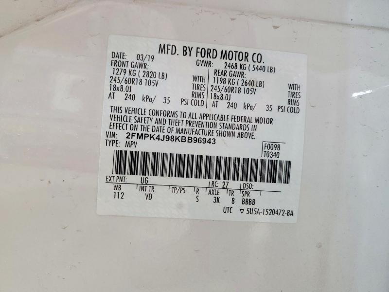 46318936 :رقم المزاد ، 2FMPK4J98KBB96943 vin ، 2019 Ford Edge مزاد بيع