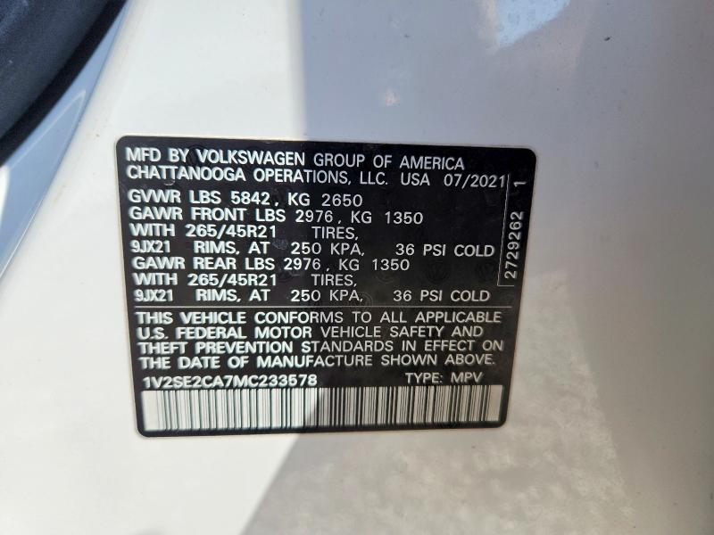 46033196 :رقم المزاد ، 1V2SE2CA7MC233578 vin ، 2021 Volkswagen Atlas Cross Sport مزاد بيع