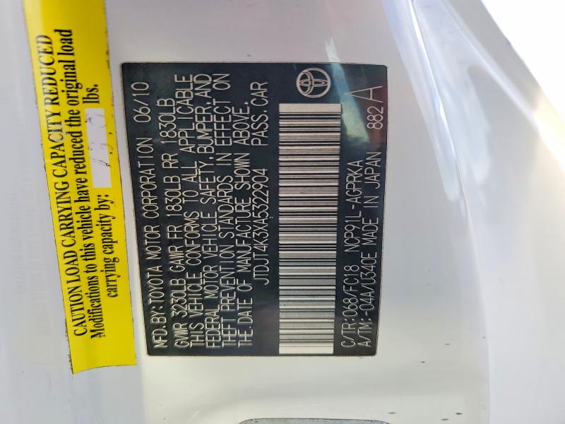 46247196 :رقم المزاد ، JTDJT4K3XA5322904 vin ، 2010 Toyota Yaris مزاد بيع
