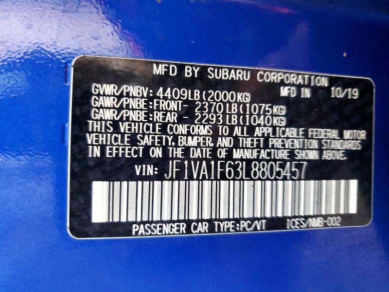 Aukcja sprzedaży 2020 Subaru Wrx, vin: JF1VA1F63L8805457, numer aukcji: 47235006