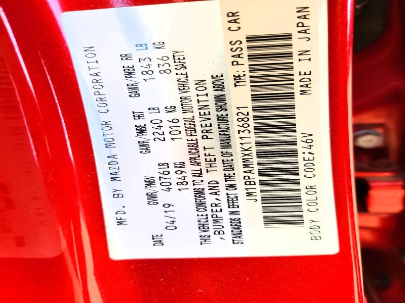 79680375 :رقم المزاد ، JM1BPAMMXK1136821 vin ، 2019 Mazda 3 مزاد بيع