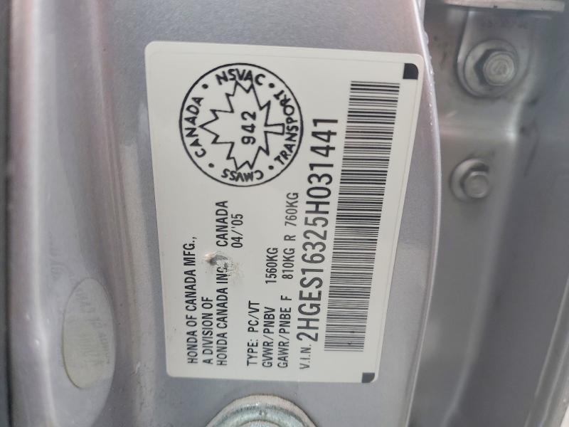 Aukcja sprzedaży 2005 Honda Civic, vin: 2HGES16325H031441, numer aukcji: 79608555