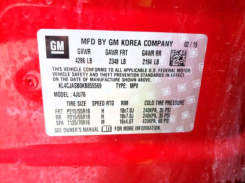 46734746 :رقم المزاد ، KL4CJASB0KB855569 vin ، 2019 Buick Encore مزاد بيع