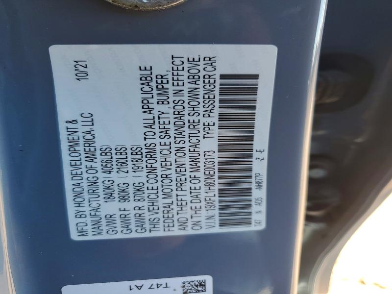 46117646 :رقم المزاد ، 19XFL1H80NE003173 vin ، 2022 Honda Civic مزاد بيع