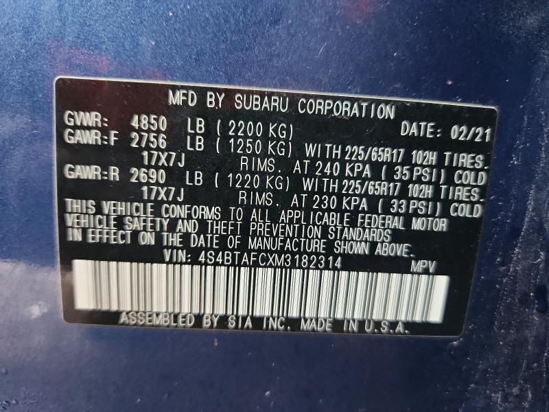 79564365 :رقم المزاد ، 4S4BTAFCXM3182314 vin ، 2021 Subaru Outback مزاد بيع