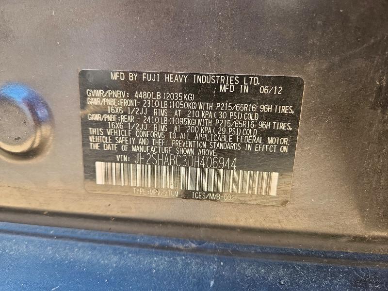 2013 Subaru Forester მანქანა იყიდება აუქციონზე, vin: JF2SHABC3DH406944, აუქციონის ნომერი: 79149715
