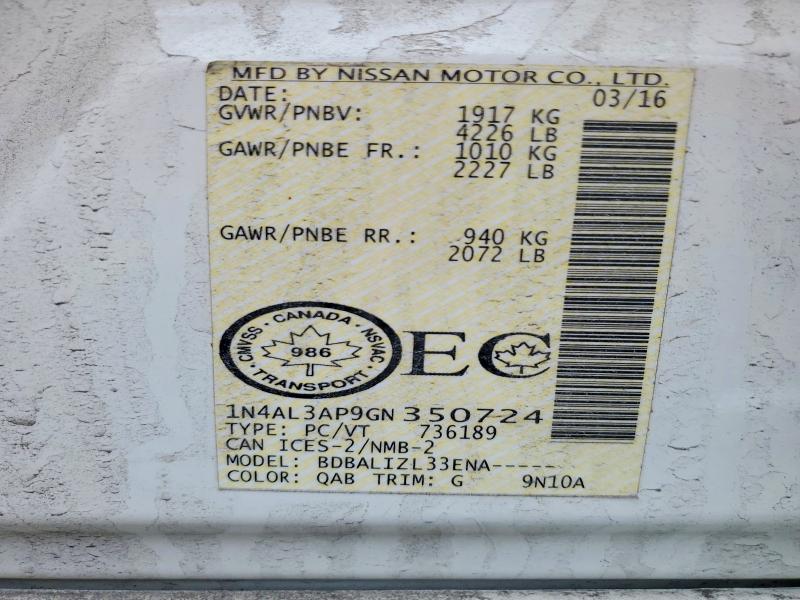 2016 Nissan Altima მანქანა იყიდება აუქციონზე, vin: 1N4AL3AP9GN350724, აუქციონის ნომერი: 46492776