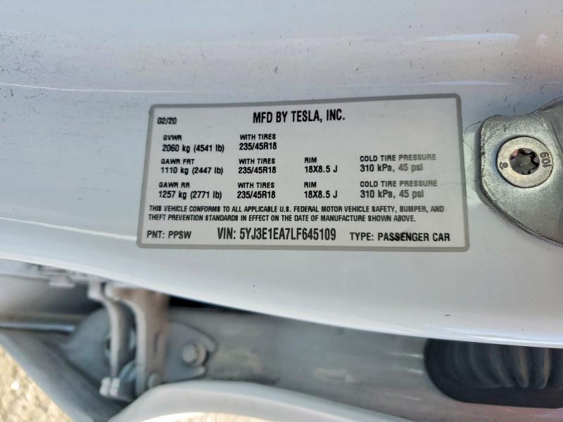 79046045 :رقم المزاد ، 5YJ3E1EA7LF645109 vin ، 2020 Tesla Model 3 مزاد بيع