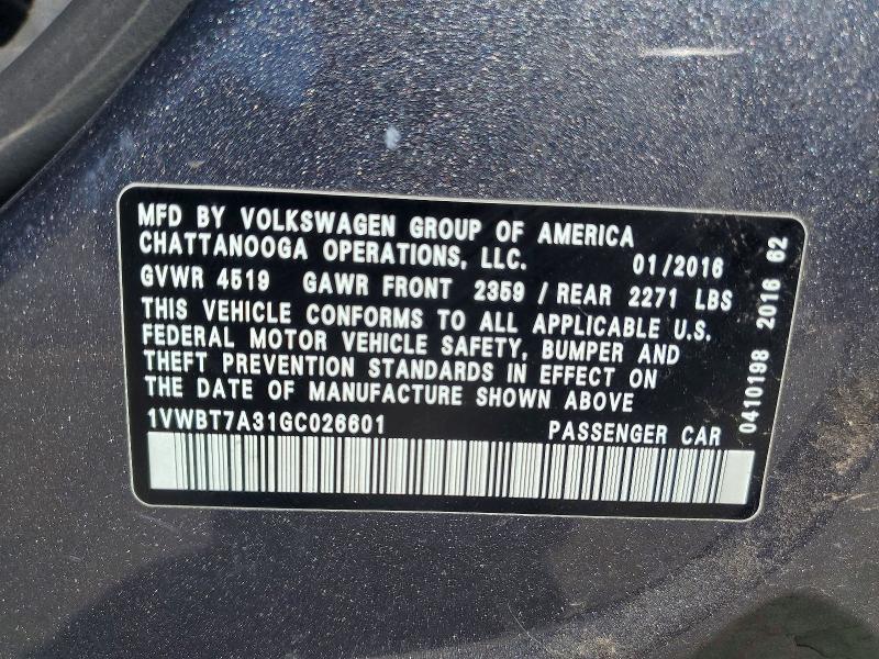 2016 Volkswagen Passat მანქანა იყიდება აუქციონზე, vin: 1VWBT7A31GC026601, აუქციონის ნომერი: 48063546