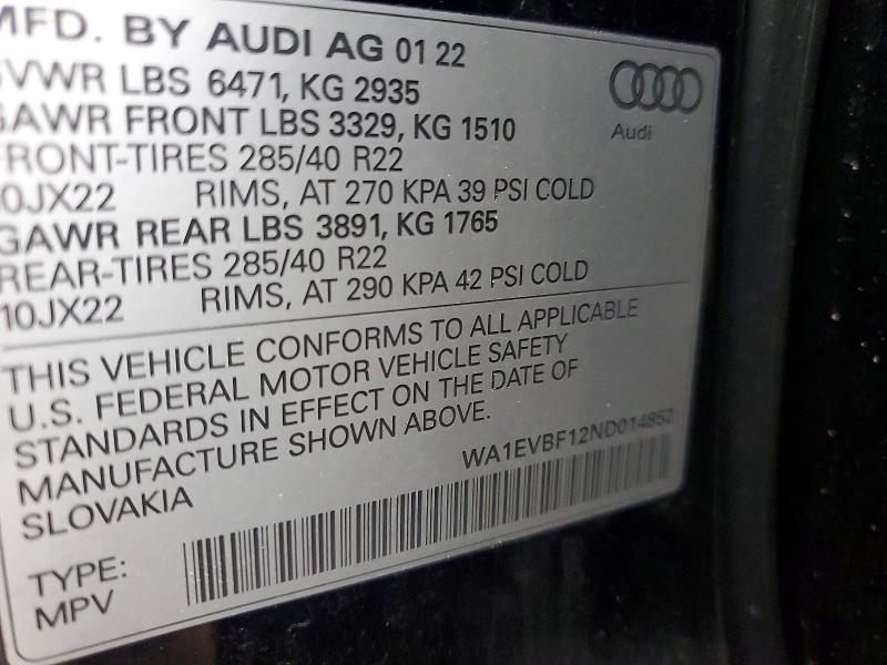 2022 Audi Q8 მანქანა იყიდება აუქციონზე, vin: WA1EVBF12ND014852, აუქციონის ნომერი: 46499156