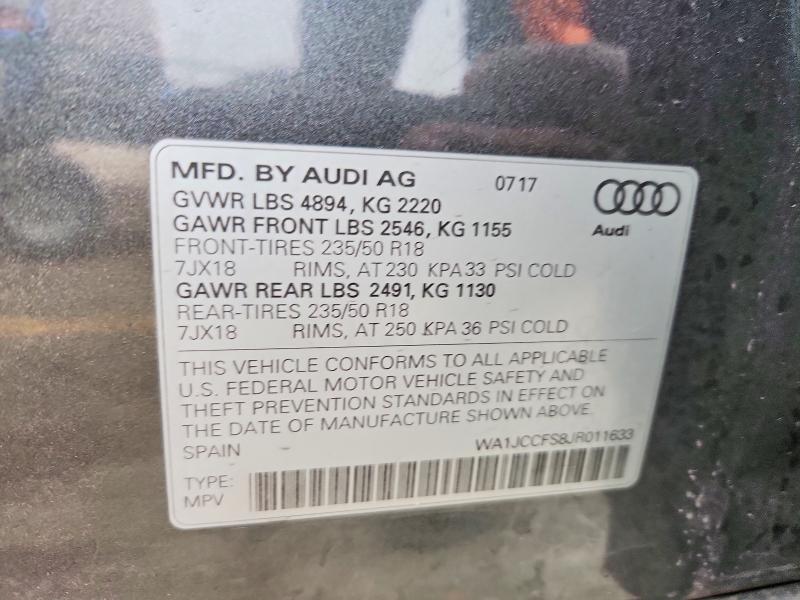 2018 Audi Q3 მანქანა იყიდება აუქციონზე, vin: WA1JCCFS8JR011633, აუქციონის ნომერი: 79682975