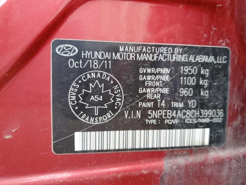 Продаж на аукціоні авто 2012 Hyundai Sonata Gls 4dr, vin: 5NPEB4AC8CH399036, номер лоту: 46959166