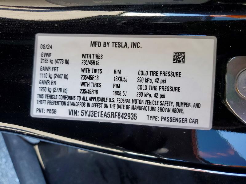 Aukcja sprzedaży 2024 Tesla Model 3, vin: 5YJ3E1EA5RF842935, numer aukcji: 79930265