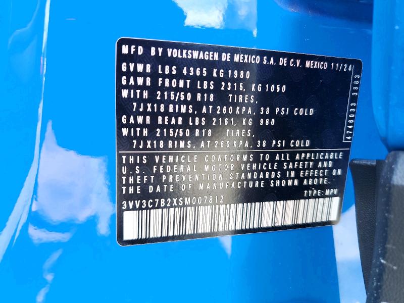 Aukcja sprzedaży 2025 Volkswagen Taos, vin: 3VV3C7B2XSM007812, numer aukcji: 47364386