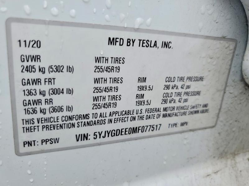 Продажа на аукционе авто 2021 Tesla Model Y, vin: 5YJYGDEE0MF077517, номер лота: 45827736