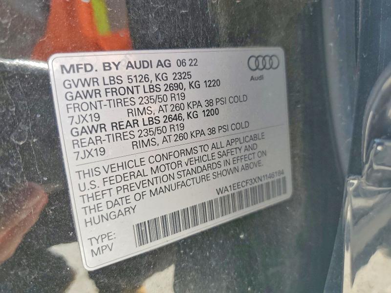 Продаж на аукціоні авто 2022 Audi Q3, vin: WA1EECF3XN1146184, номер лоту: 47698376