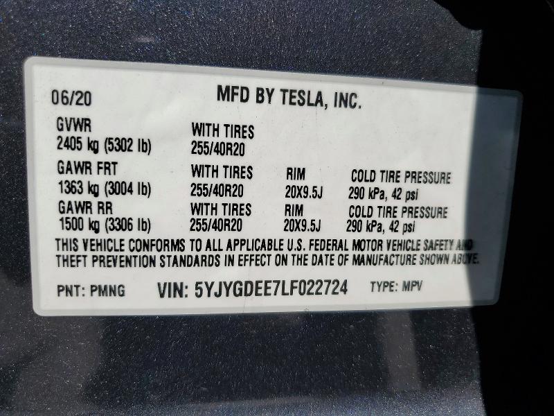 47269486 :رقم المزاد ، 5YJYGDEE7LF022724 vin ، 2020 Tesla Model Y مزاد بيع