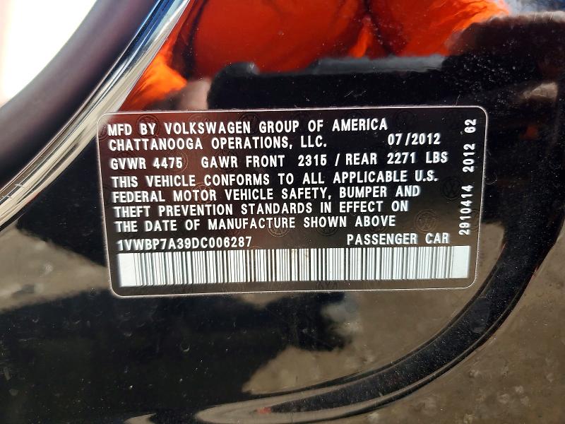 2013 Volkswagen Passat მანქანა იყიდება აუქციონზე, vin: 1VWBP7A39DC006287, აუქციონის ნომერი: 46916566