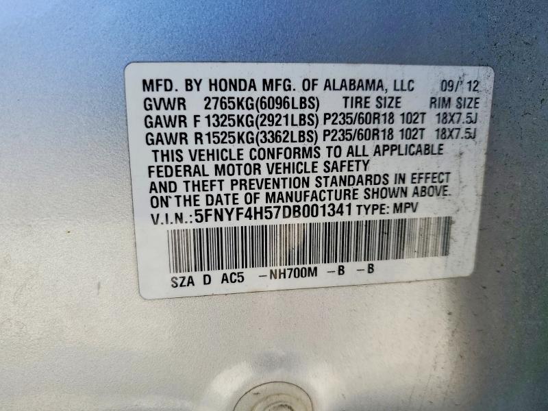 2013 Honda Pilot მანქანა იყიდება აუქციონზე, vin: 5FNYF4H57DB001341, აუქციონის ნომერი: 45492966