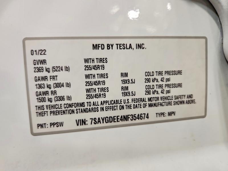 Продажа на аукционе авто 2022 Tesla Model Y, vin: 7SAYGDEE4NF354674, номер лота: 41950386