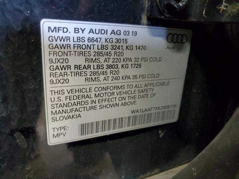 Aukcja sprzedaży 2019 Audi Q7, vin: WA1LAAF7XKD039138, numer aukcji: 46981166