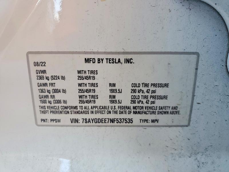 46280576 :رقم المزاد ، 7SAYGDEE7NF537535 vin ، 2022 Tesla Model Y مزاد بيع