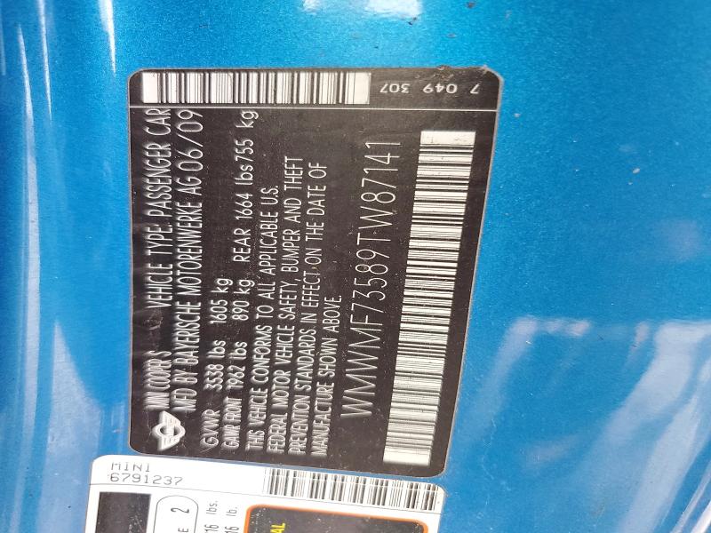 Aukcja sprzedaży 2009 Mini Cooper, vin: WMWMF73589TW87141, numer aukcji: 48003396