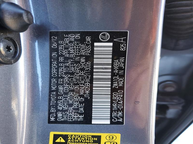 79547235 :رقم المزاد ، JTHKD5BHXC2113006 vin ، 2012 Lexus Ct 200h مزاد بيع