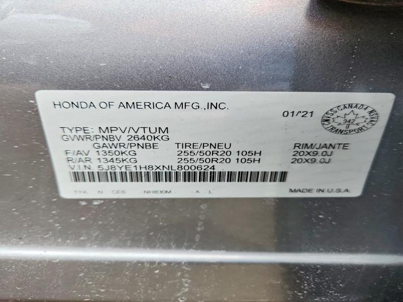45562656 :رقم المزاد ، 5J8YE1H8XNL800624 vin ، 2022 Acura Mdx مزاد بيع