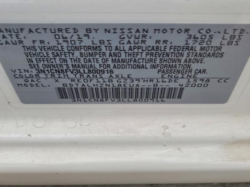 Aukcja sprzedaży 2020 Nissan Versa, vin: 3N1CN8FV3LL800916, numer aukcji: 47064116