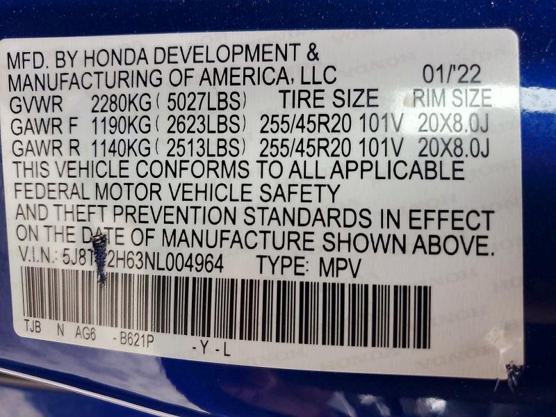 Aukcja sprzedaży 2022 Acura Rdx, vin: 5J8TC2H63NL004964, numer aukcji: 73549485