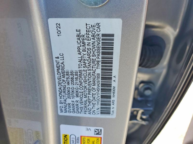 2022 Honda Accord მანქანა იყიდება აუქციონზე, vin: 1HGCV1F45NA097858, აუქციონის ნომერი: 45744326