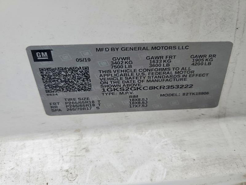 79606525 :رقم المزاد ، 1GKS2GKC8KR353222 vin ، 2019 Gmc Yukon Xl مزاد بيع