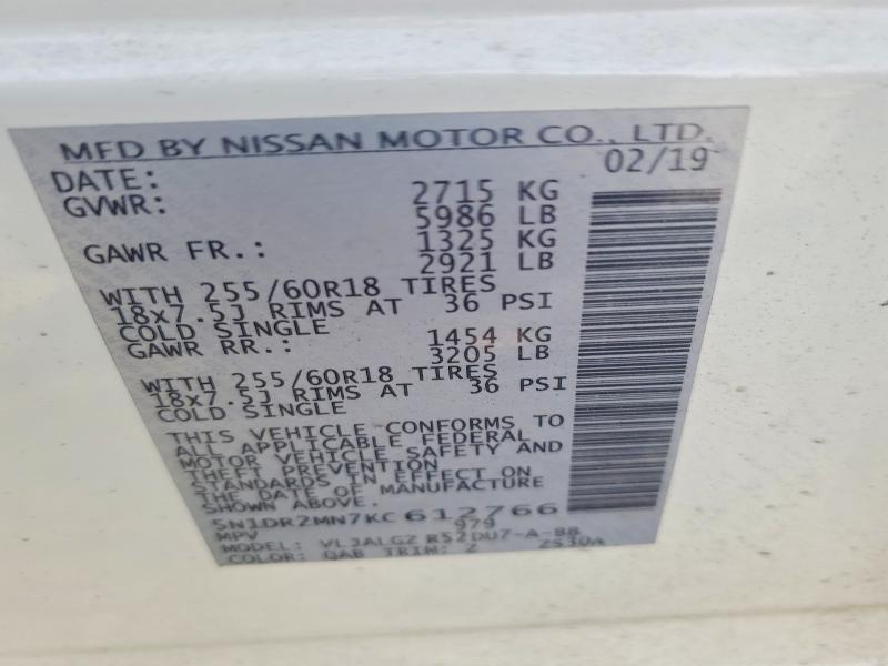 47899476 :رقم المزاد ، 5N1DR2MN7KC612766 vin ، 2019 Nissan Pathfinder مزاد بيع