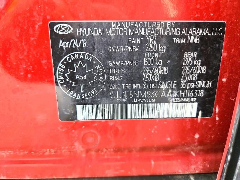 Aukcja sprzedaży 2019 Hyundai Santa Fe, vin: 5NMS3CAA1KH116318, numer aukcji: 79939595