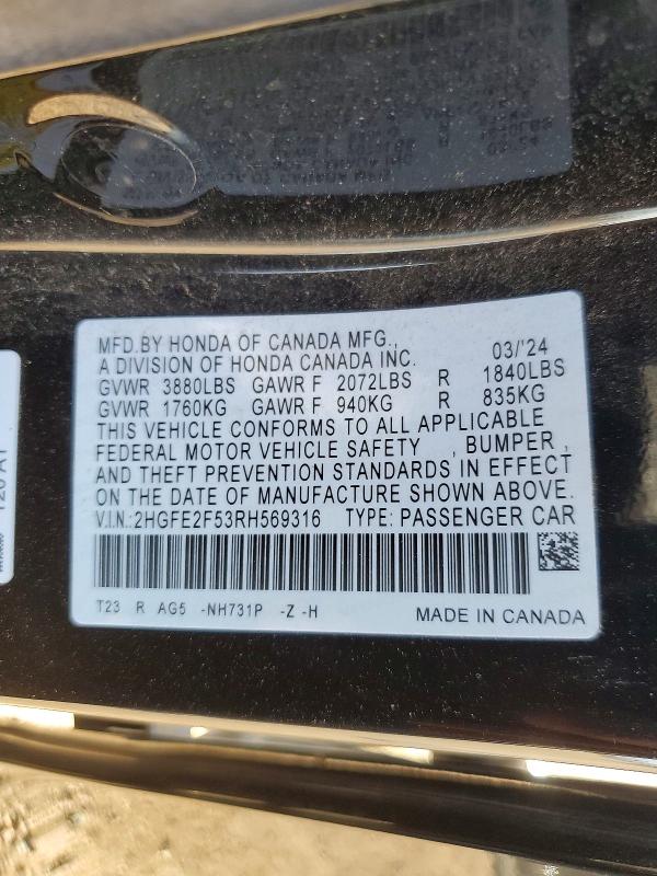 47324696 :رقم المزاد ، 2HGFE2F53RH569316 vin ، 2024 Honda Civic مزاد بيع