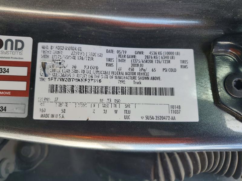 2019 Ford F250 მანქანა იყიდება აუქციონზე, vin: 1FT7W2BT0KEF27316, აუქციონის ნომერი: 79841515