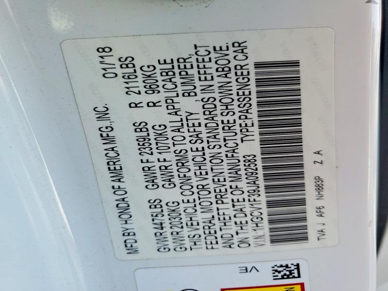 2018 Honda Accord მანქანა იყიდება აუქციონზე, vin: 1HGCV1F39JA092583, აუქციონის ნომერი: 47913186
