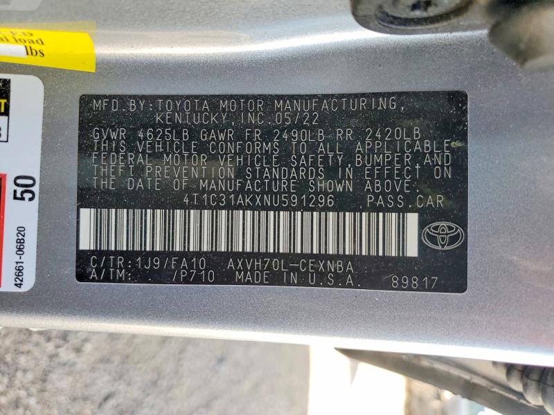 2022 Toyota Camry Hybrid მანქანა იყიდება აუქციონზე, vin: 4T1C31AKXNU591296, აუქციონის ნომერი: 41974586