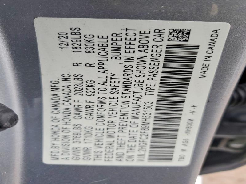 79207245 :رقم المزاد ، 2HGFC2F89MH531503 vin ، 2021 Honda Civic مزاد بيع