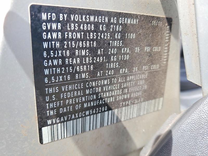 47621786 :رقم المزاد ، WVGAV7AX0CW543260 vin ، 2012 Volkswagen Tiguan مزاد بيع