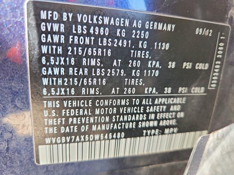 47209976 :رقم المزاد ، WVGBV7AX5DW545480 vin ، 2013 Volkswagen Tiguan مزاد بيع