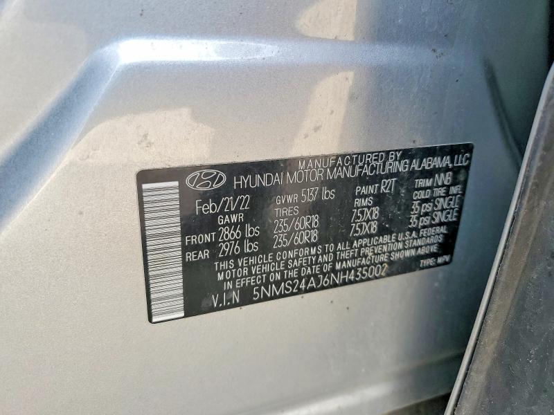 2022 Hyundai Santa Fe მანქანა იყიდება აუქციონზე, vin: 5NMS24AJ6NH435002, აუქციონის ნომერი: 47586176