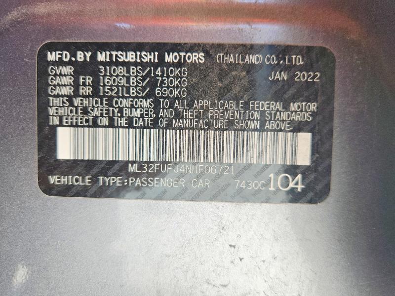 Aukcja sprzedaży 2022 Mitsubishi Mirage, vin: ML32FUFJ4NHF06721, numer aukcji: 47987986
