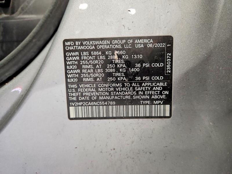 2022 Volkswagen Atlas მანქანა იყიდება აუქციონზე, vin: 1V2HP2CA6NC554789, აუქციონის ნომერი: 47832186