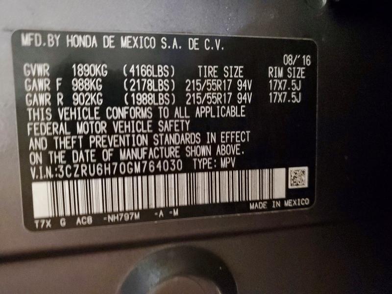 79836295 :رقم المزاد ، 3CZRU6H70GM764030 vin ، 2016 Honda Hr-v مزاد بيع